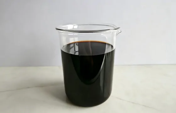 玻璃烧杯内盛放着深褐色液态除磷剂，放置于浅色台面，背景为素净浅灰色墙面。