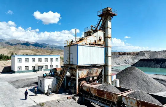 砂石加工厂，设备带有正常锈迹掉漆，厂区配有办公楼、砂石料堆与蓄水池，两名工人正在现场巡检
